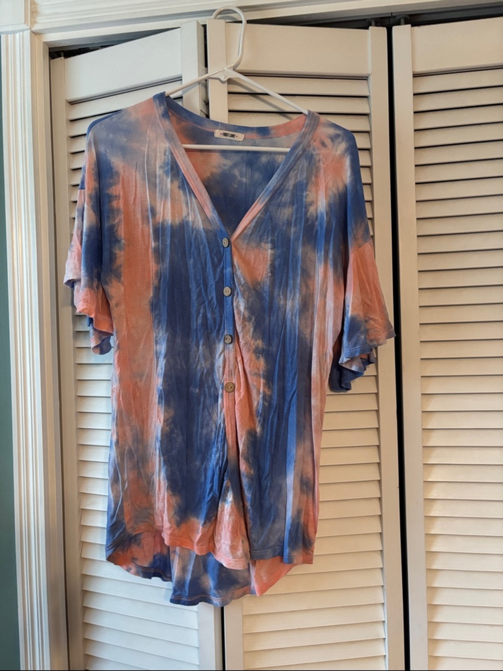 First Love Blue and Peach Tie-Dye Button Front V-Neck Top
